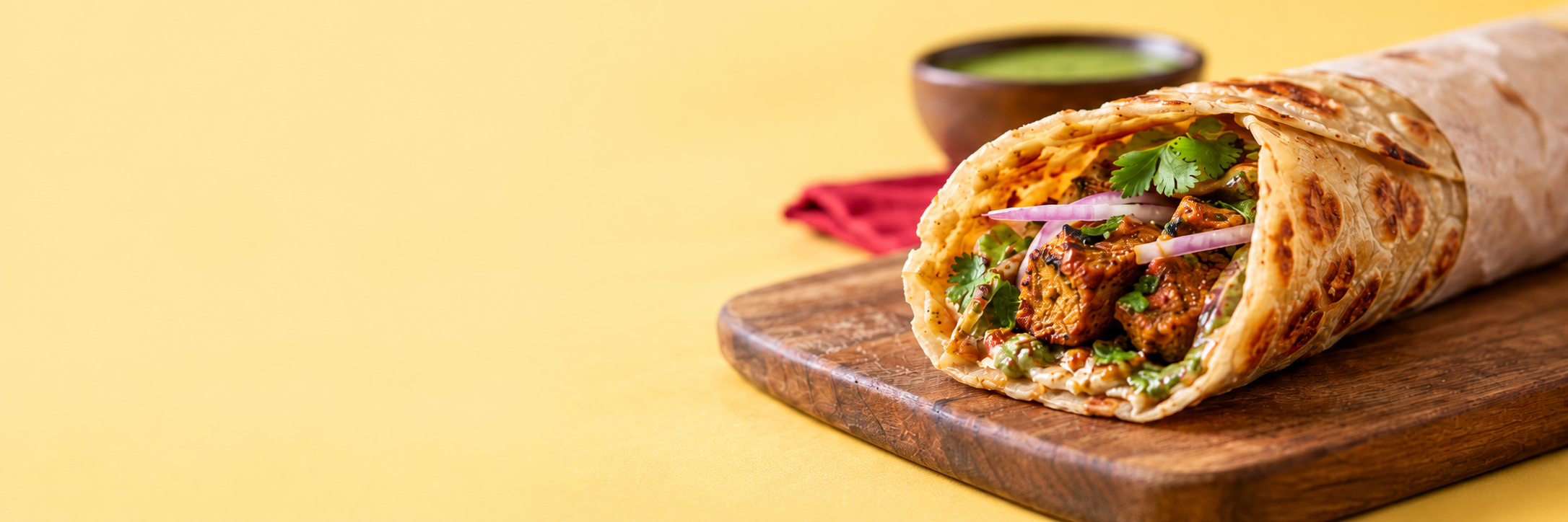 Vegetarian kabab roll with onion and coriander on a wooden board